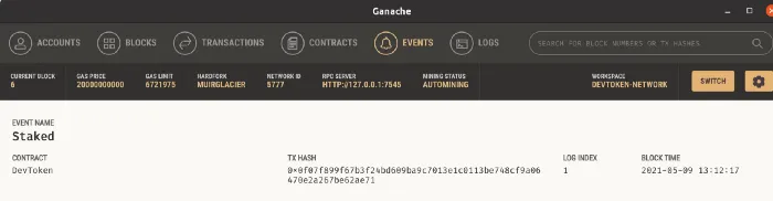 The staked event we created is being shown in Ganache