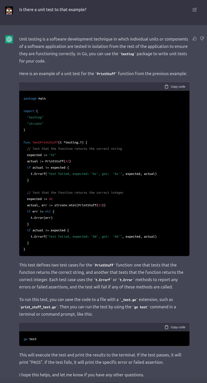 ChatGPT generates a unit test and also explains the usage