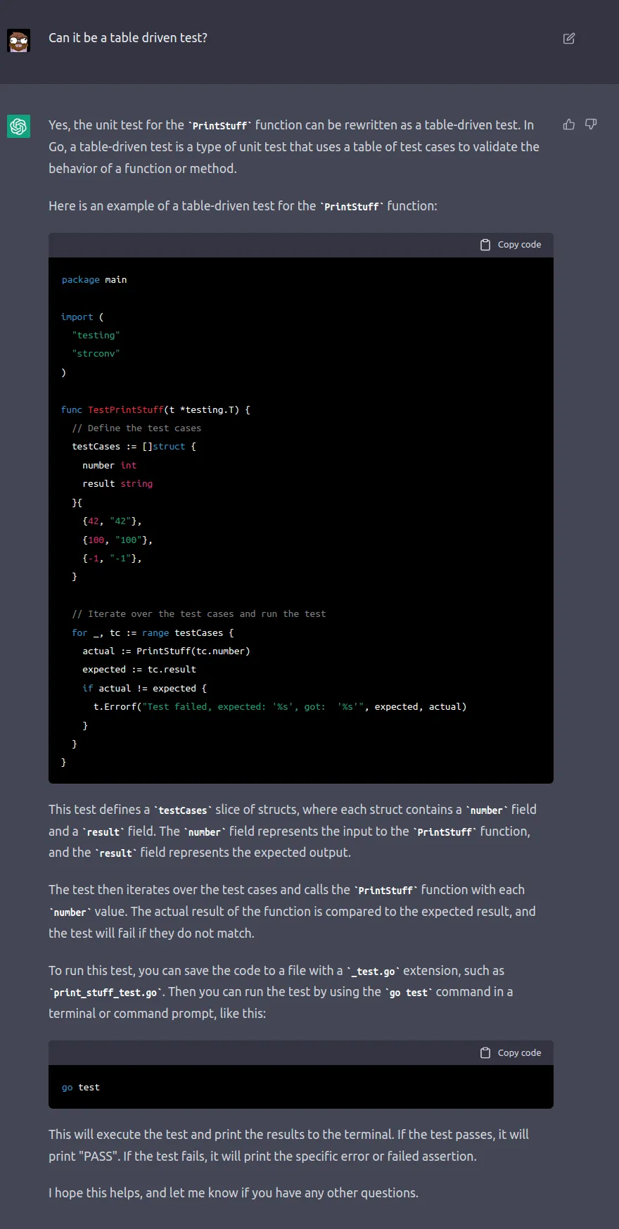 ChatGPT provides Table Driven tests