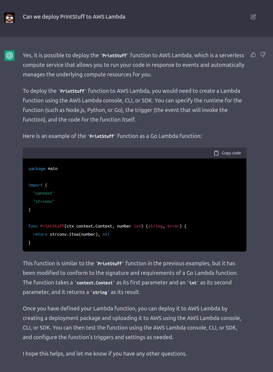 ChatGPT wraps the function in a Lambda handler