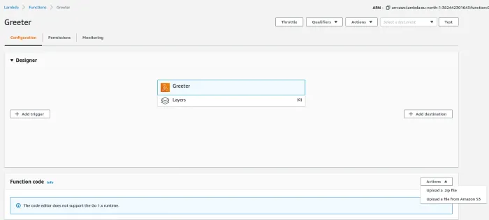 AWS Lambda Function view — We use the Function Code Action to upload a .zip containing the Code.