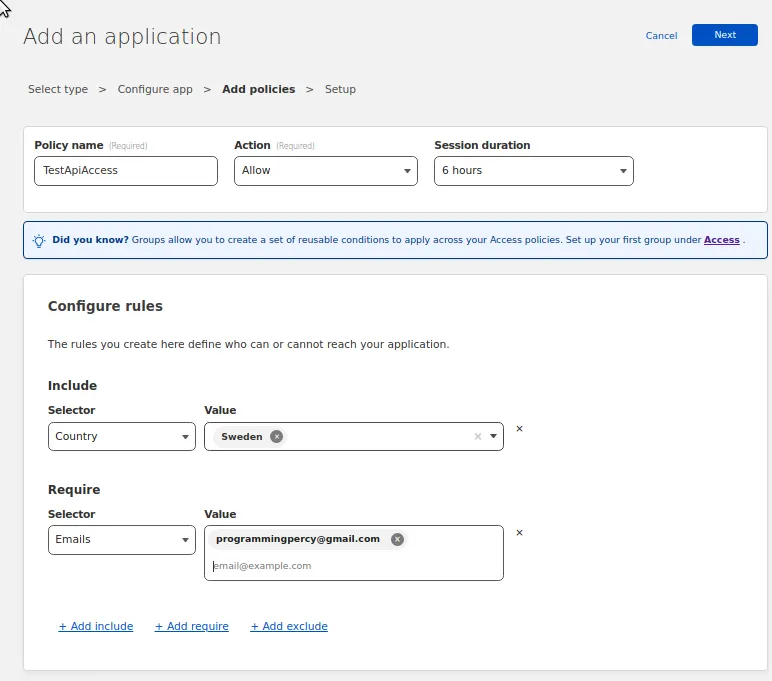 Allowing only my own Email Address and from Sweden