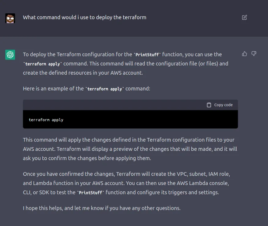 ChatGTP telling us how to deploy with terraform