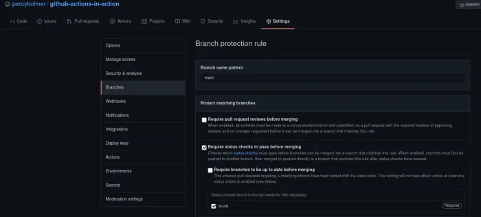Creating a branch protection rule can force all actions to pass before accepting pushes