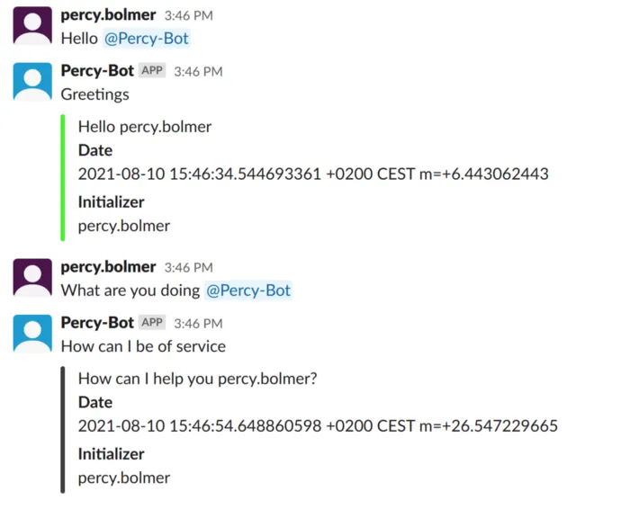 Slack — The bot responds as expected
