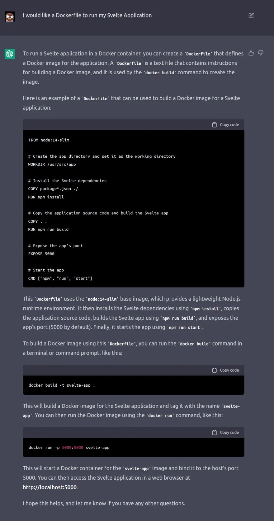 ChatGPT generates a Dockerfile for a Svelte application