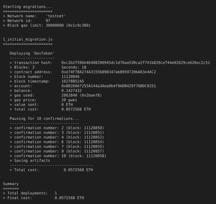 Truffle Migrate — Deployed to testnet