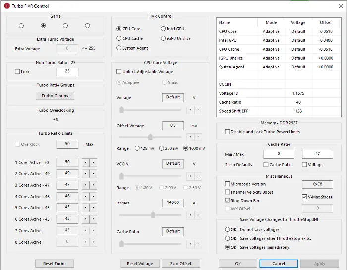 FIVR menu showing settings that can be applied