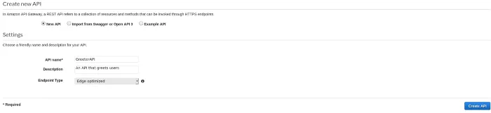 AWS Gateway — Generating a new REST API named GreeterAPI.