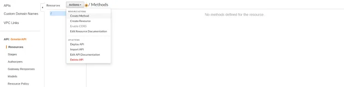 AWS Gateway — Creating a new Method for the API.