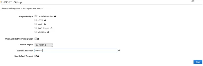 AWS Gateway — Setting a Lambda function to execute on the HTTP endpoint.