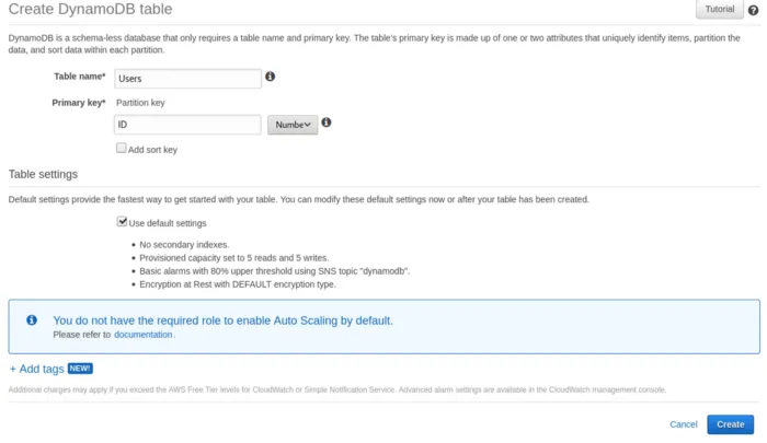 AWS DynamoDB — Creating a table and configuring it.
