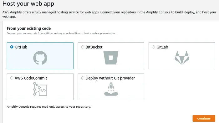 Code providers available in AWS. We are going to use GitHub.