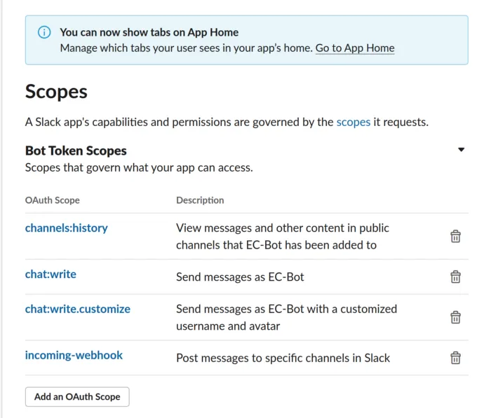 Slack — Adding bot permissions to scan channel and post messages