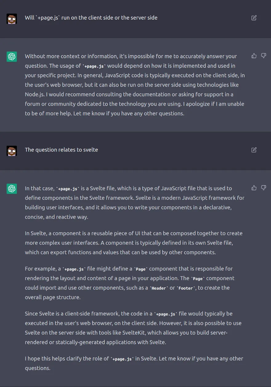 ChatGPT explains when and how +page.js is used.