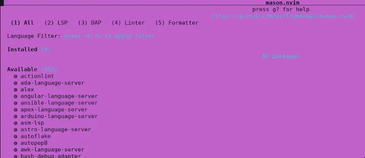 Mason command brings up a UI to setup language servers