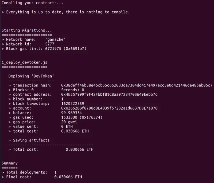 DevToken deployed on our local Ethereum network