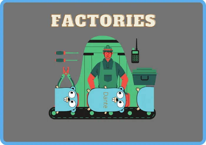 Factories, a pattern to create complex aggregates or repositories and services. Gopher by Takuya Ueda, Original Go Gopher by Renée French