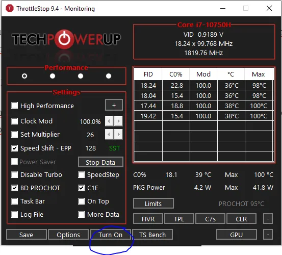ThrottleStop — Turn on your settings