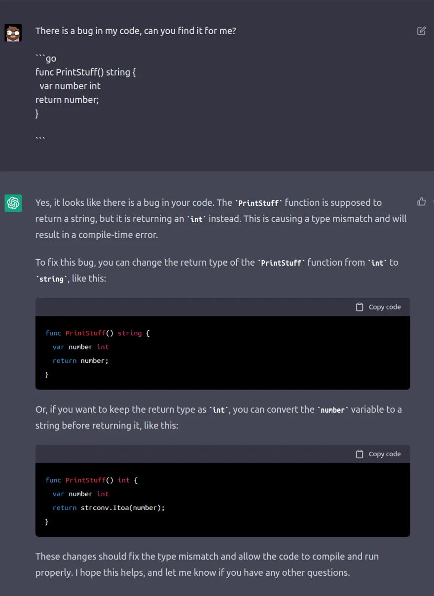ChatGTP Detects and tells us about a bug in the code