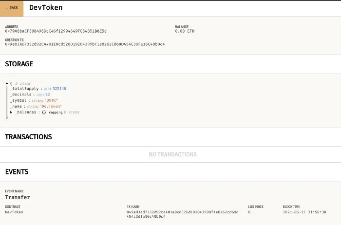 Ganache — Showing the newly deployed Smart contract with our Event